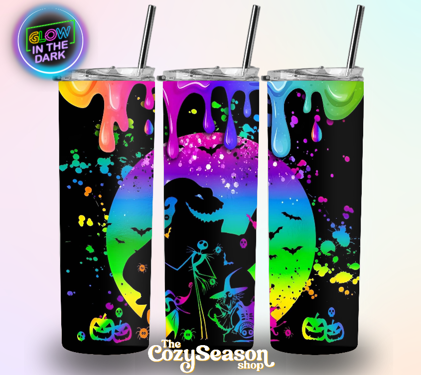 Three colorful tumblers with Halloween designs and 'The Cozy Season Shop' branding.