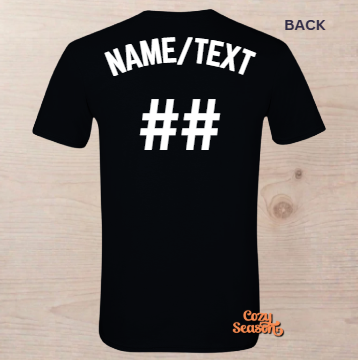 Black short-sleeve t-shirt shown from the back on a light wood background, with white placeholder text reading 'NAME/TEXT' and '##' on the back. A small 'Cozy Season' logo appears near the bottom right, and 'BACK' is printed in the top right corner.