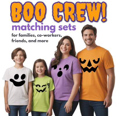 Family wearing Halloween-themed t-shirts with ghost and jack-o'-lantern designs on a white background.