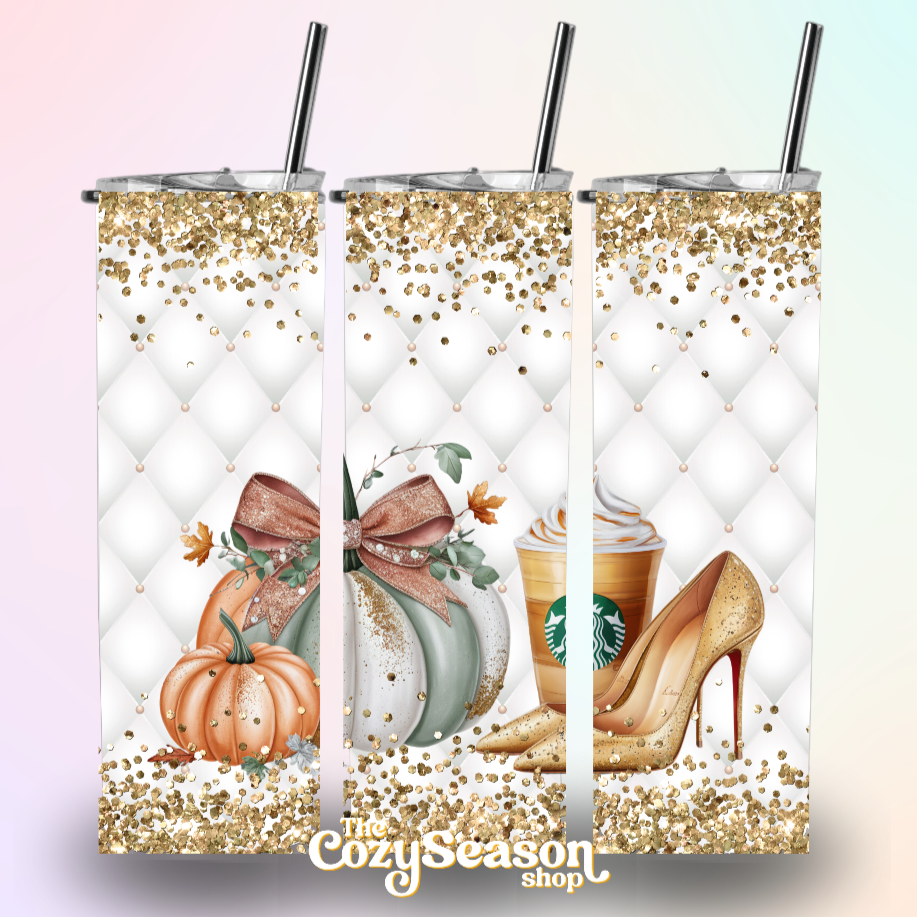 A set of three 20oz travel tumblers with printed glitter designs featuring pumpkins, a starbucks cup, and high-heeled shoes.