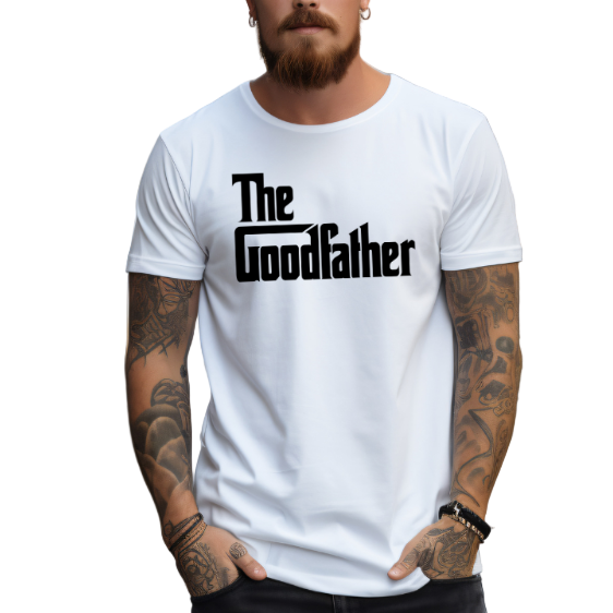 Man wearing a white t-shirt with 'The Goodfather' text on a white background