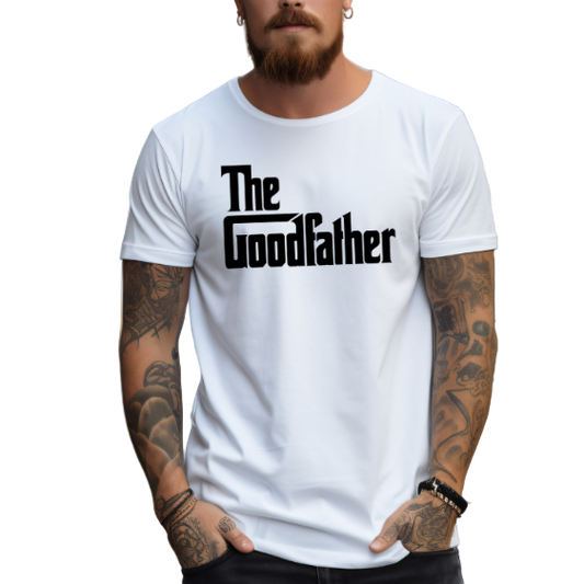 Man wearing a white t-shirt with 'The Goodfather' text on a white background