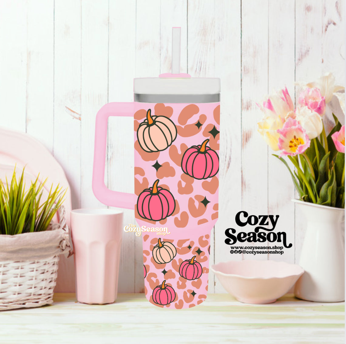 Pumpkins & Leopard Print - BRIGHT PINK 40oz Iridescent Tumbler