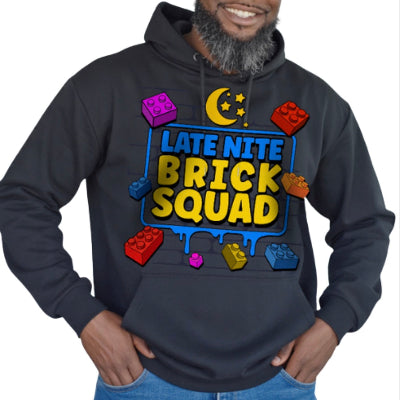 Man wearing a black hoodie with 'Late Nite Brick Squad' design on a white background