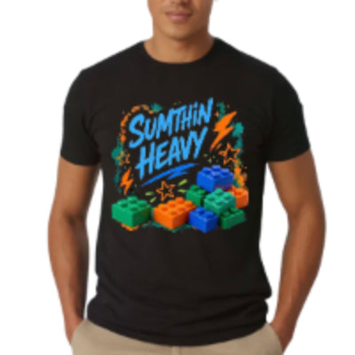 Person wearing a black t-shirt with colorful graphic design and text