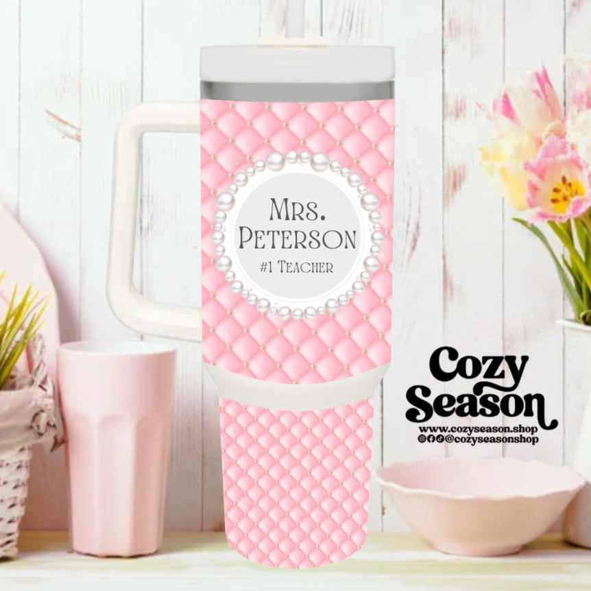 PINK CUSHION PRINT EFFECT TEACHER - 40oz Iridescent Tumbler