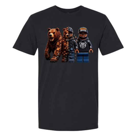 A black short-sleeve crewneck t-shirt featuring a graphic print of three bear-themed minifigures resembling LEGO characters, displayed against a solid white background.