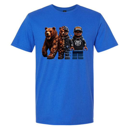 A bright blue short-sleeve crewneck t-shirt featuring a graphic print of three pixel-art characters resembling LEGO minifigures and bears on the chest, shown against a plain white background.