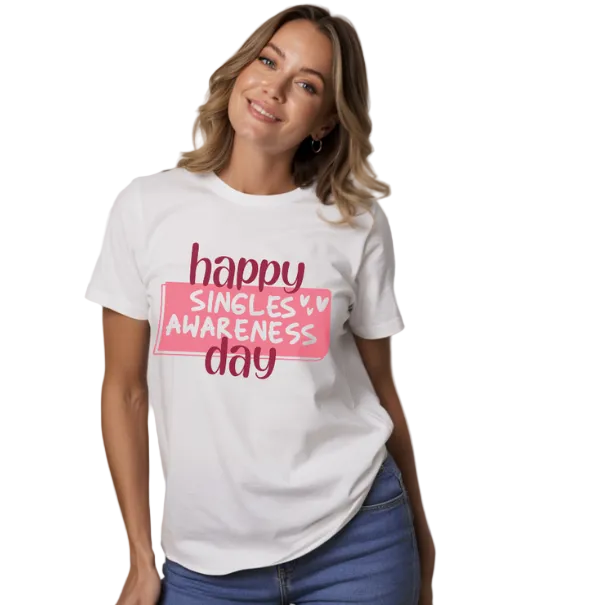 Woman wearing a white t-shirt with 'happy singles awareness day' text on a plain background