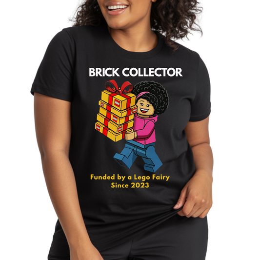 Person wearing a black t-shirt with 'BRICK COLLECTOR' design and text.