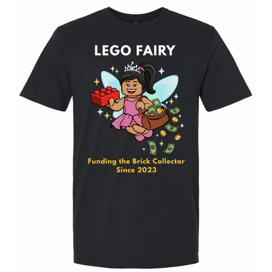 Black t-shirt with LEGO fairy graphic and text on a white background