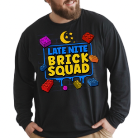 Man wearing a black long-sleeve shirt with 'Late Nite Brick Squad' design on a white background