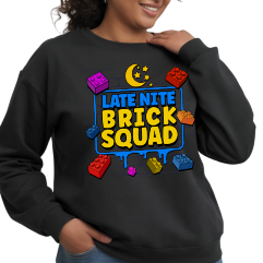 Woman wearing a black sweatshirt with 'Late Nite Brick Squad' design on a white background