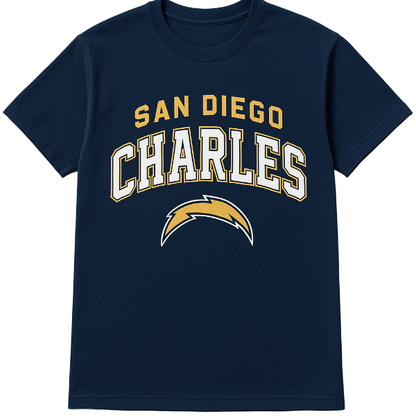Navy blue t-shirt with 'San Diego Charles' text and logo on a white background