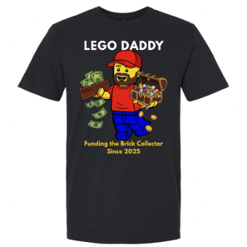 A BLACK TSHIRT WITH A LEGO MINIFIG CHARACTER HOLDING A TREASURE CHEST FULL OF LEGO TREASURES AND A WALLET FILLED WITH MONEY ON THE OTHER HAND.