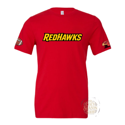 Red t-shirt with 'REDHAWKS' text on a white background