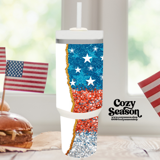 CLEARANCE - Glitter Print USA Flag - 40oz Iridescent Tumbler