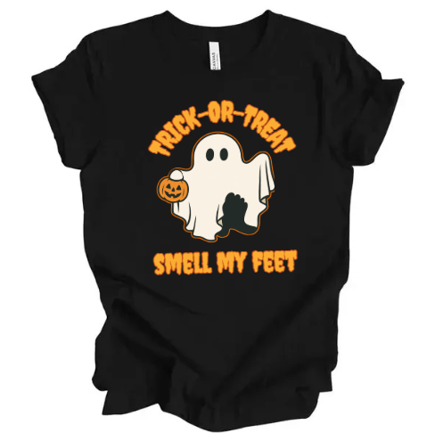 Black t-shirt with Halloween ghost graphic and text on a white background