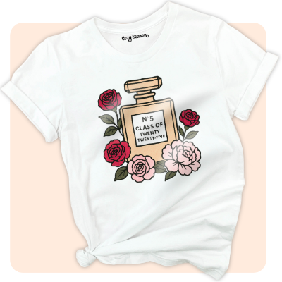 A white unisex t-shirt with a graphic print of a perfume bottle and flowers, and the text 'N 5 CLASS OF TWENTY TWENTY FIVE'.