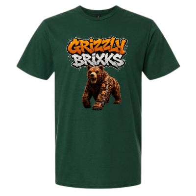 A dark green short-sleeve t-shirt with a graphic on the chest featuring the text 'Grizzly Brixks' in orange and white graffiti-style lettering above a pixelated brown grizzly bear, shown on a plain white background.