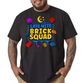 Man wearing a black t-shirt with 'Late Nite Brick Squad' design on a white background