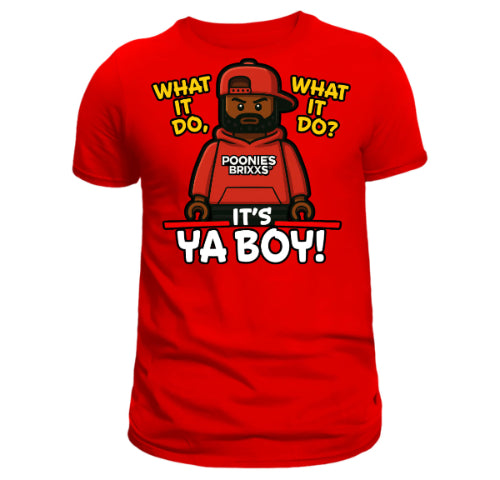 Red t-shirt with a graphic of a character and text on a white background