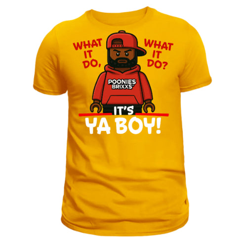 Yellow t-shirt with a graphic of a character wearing a red hoodie and text on a white background