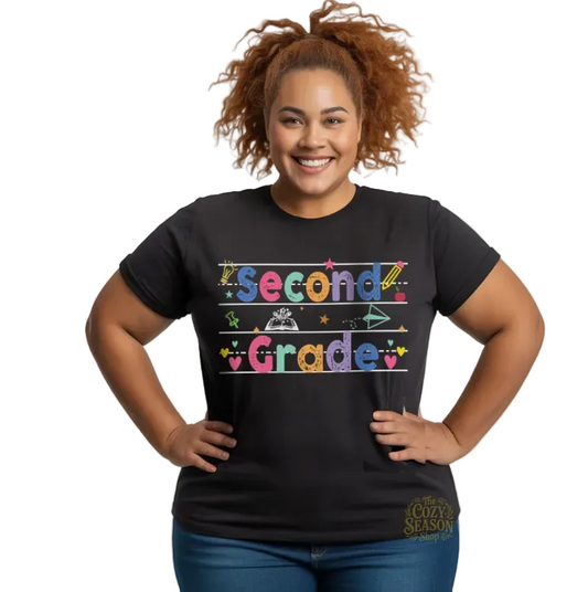 Custom grade school unisex t-shirt in black, featuring a vibrant "Second Grade" chalkboard-style design with school doodles.