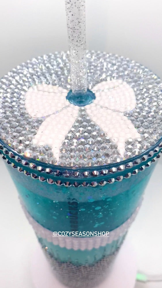Elegant Teal with White Bow Snowglobe Tumbler