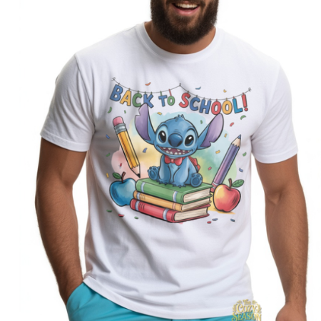 White unisex t-shirt with a vibrant "Back to School" design featuring a smiling blue alien sitting on school books flanked by giant pencils.
