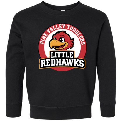 Black sweatshirt with 'Little Redhawks' logo featuring a CARTOON REDHAWK IN A RED CIRCLE on a white background