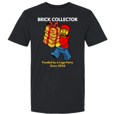 Black t-shirt with a graphic of a LEGO MINI FIG STYLE character holding bricks and text 'Brick Collector' on a white background