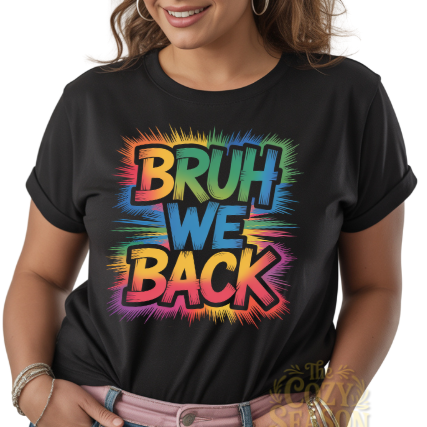 BLACK TEE SHIRT WITH GRAFFITI STYLE TEXT " BRUH WE BACK"