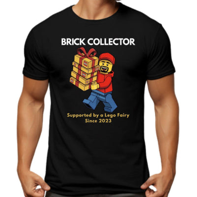 Black t-shirt with 'Brick Collector' graphic and text on a white background