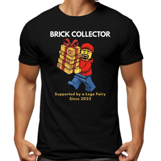 Black t-shirt with 'Brick Collector' graphic and text on a white background