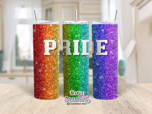 ‘PRIDE’ Rainbow Glitter Print - 20oz Tumbler