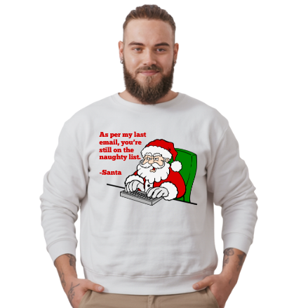 Man wearing a white sweatshirt with a humorous Santa Claus graphic and text on a white background