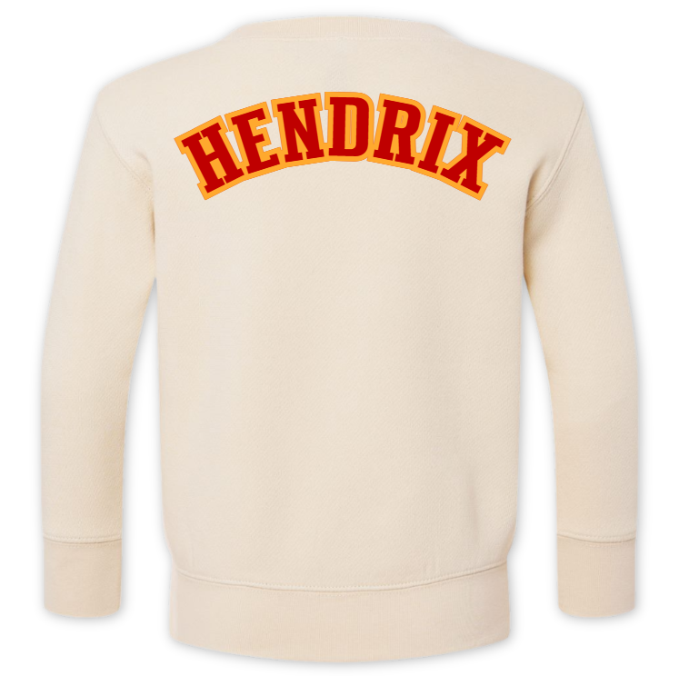 Beige sweatshirt with 'HENDRIX' printed on the back in red and yellow.