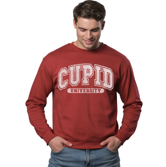 Man wearing a red long-sleeve shirt with white 'CUPID UNIVERSITY' text on a white background