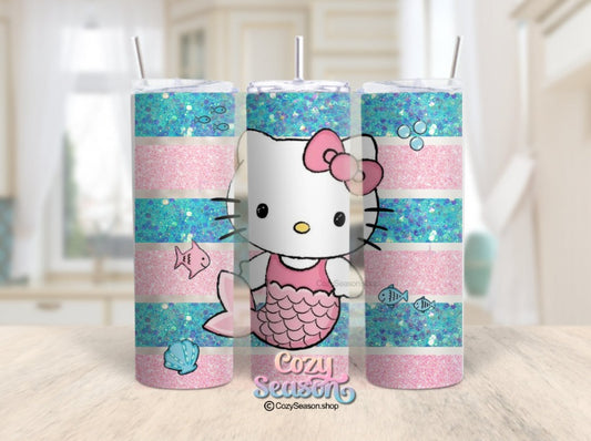 MERMAID KITTY striped glitter print - 20oz Tumbler