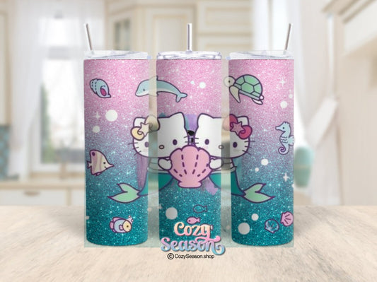 MERMAID KITTY gradient glitter print - 20oz Tumbler