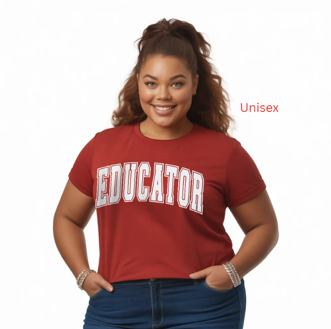 Red  unisex school tee with white varsity-style lettering that reads "EDUCATOR".