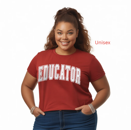 Red  unisex school tee with white varsity-style lettering that reads "EDUCATOR".