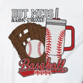 A white unisex adult t-shirt with 'Baseball Mom' “hit mess always stressed” text and a graphic of a baseball and a coffee cup on it, displayed on a wooden background with a pair of sandals and jeans.