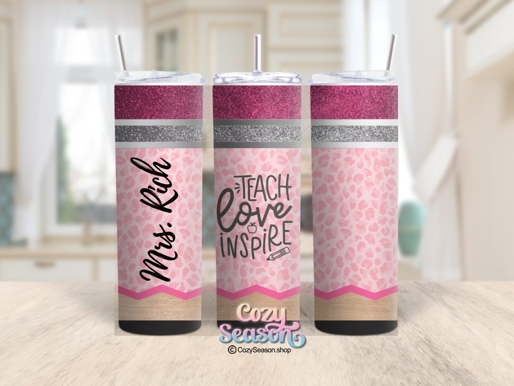 TEACH LOVE INSPIRE PINK LEOPARD PRINT - 20oz Tumbler