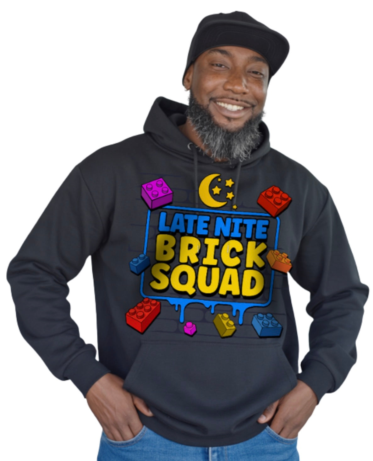 Man wearing a black hoodie with 'Late Nite Brick Squad' design on a white background