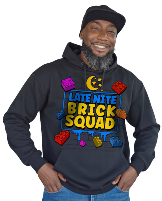 Man wearing a black hoodie with 'Late Nite Brick Squad' design on a white background