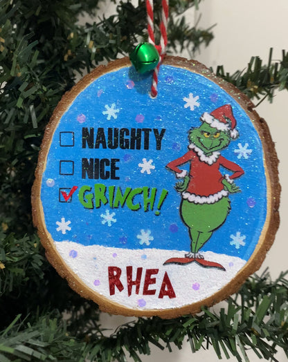Personalized NAUGHTY, NICE, GRINCH - Wood Ornament