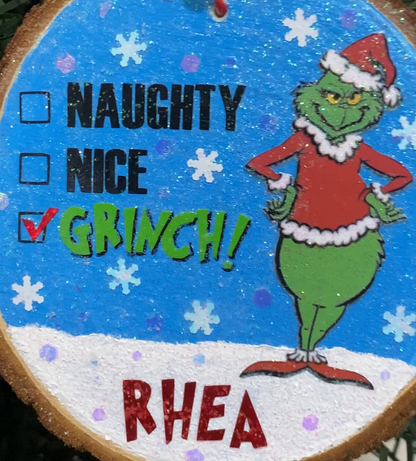Personalized NAUGHTY, NICE, GRINCH - Wood Ornament