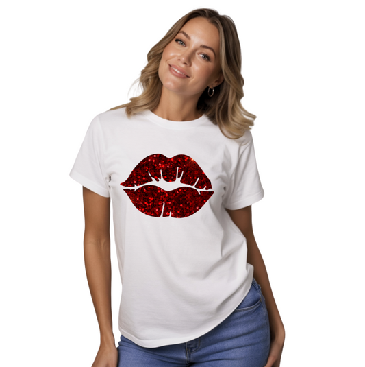 Woman wearing a white t-shirt with red lip print on a white background
